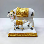 3.5 Inch White & Golden Cow And Calf Fiber Poly Resin Statue | Premium Kamdhenu Idol For Home Décor & Pooja DA-9207