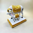 3.5 Inch White & Golden Cow And Calf Fiber Poly Resin Statue | Premium Kamdhenu Idol For Home Décor & Pooja DA-9207