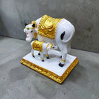 3.5 Inch White & Golden Cow And Calf Fiber Poly Resin Statue | Premium Kamdhenu Idol For Home Décor & Pooja DA-9207