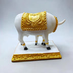 3.5 Inch White & Golden Cow And Calf Fiber Poly Resin Statue | Premium Kamdhenu Idol For Home Décor & Pooja DA-9207